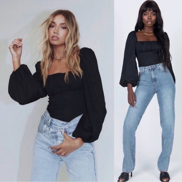 Princess Polly Laura Bodysuit Black Puff Long Sleeve Square Neck - Picture 2 of 6